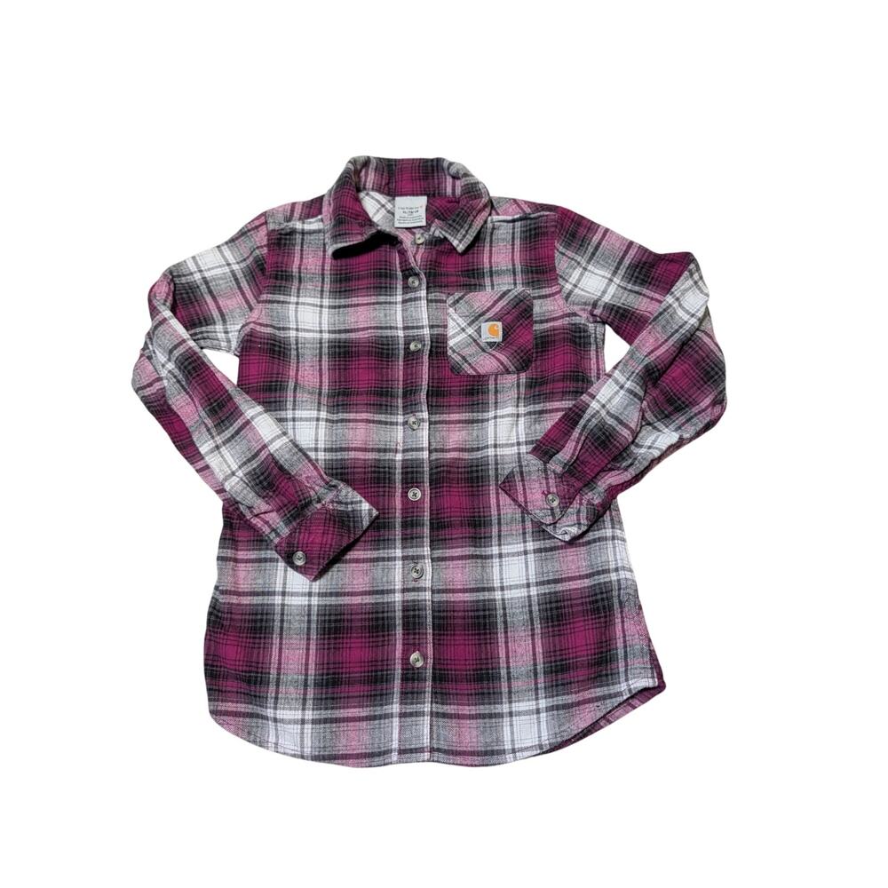 Carhartt Youth Girls Flannel Shirt Button Up Purple Pink Plaid Size XL 14
